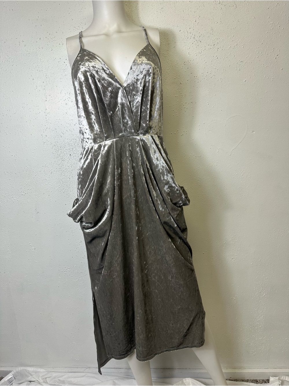 BCBGeneration Silver-Gray Velvet Spaghetti-Strap Midi Dress